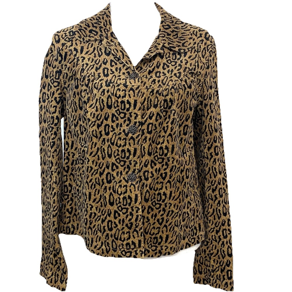Kikit Leopard Print Corduroy Jacket Women Medium Brown Cotton Spandex Pockets